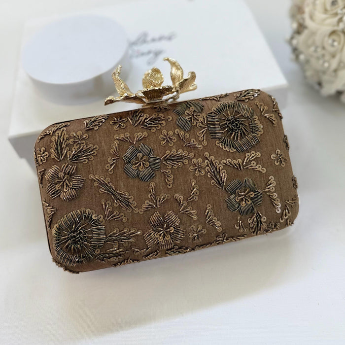 Antique Bronze Gold Clutch: Antique Zardosi Floral Evening Bag