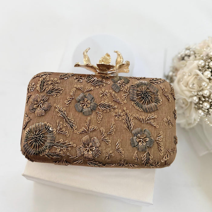 Antique Bronze Gold Clutch: Antique Zardosi Floral Evening Bag