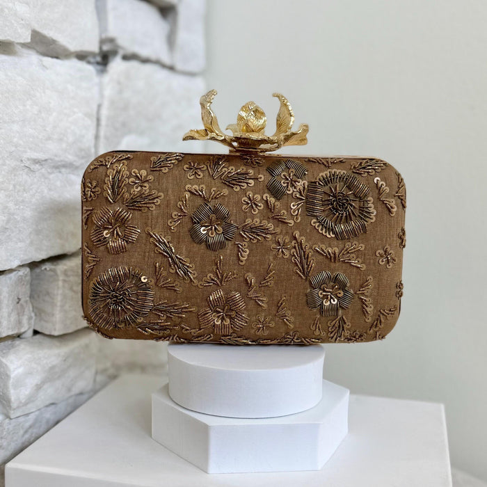 Antique Bronze Gold Clutch: Antique Zardosi Floral Evening Bag