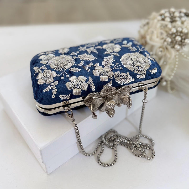 Zardozi Embroidered Royal Blue Clutch: Handmade Indian Wedding Bag With Silver Embroidery