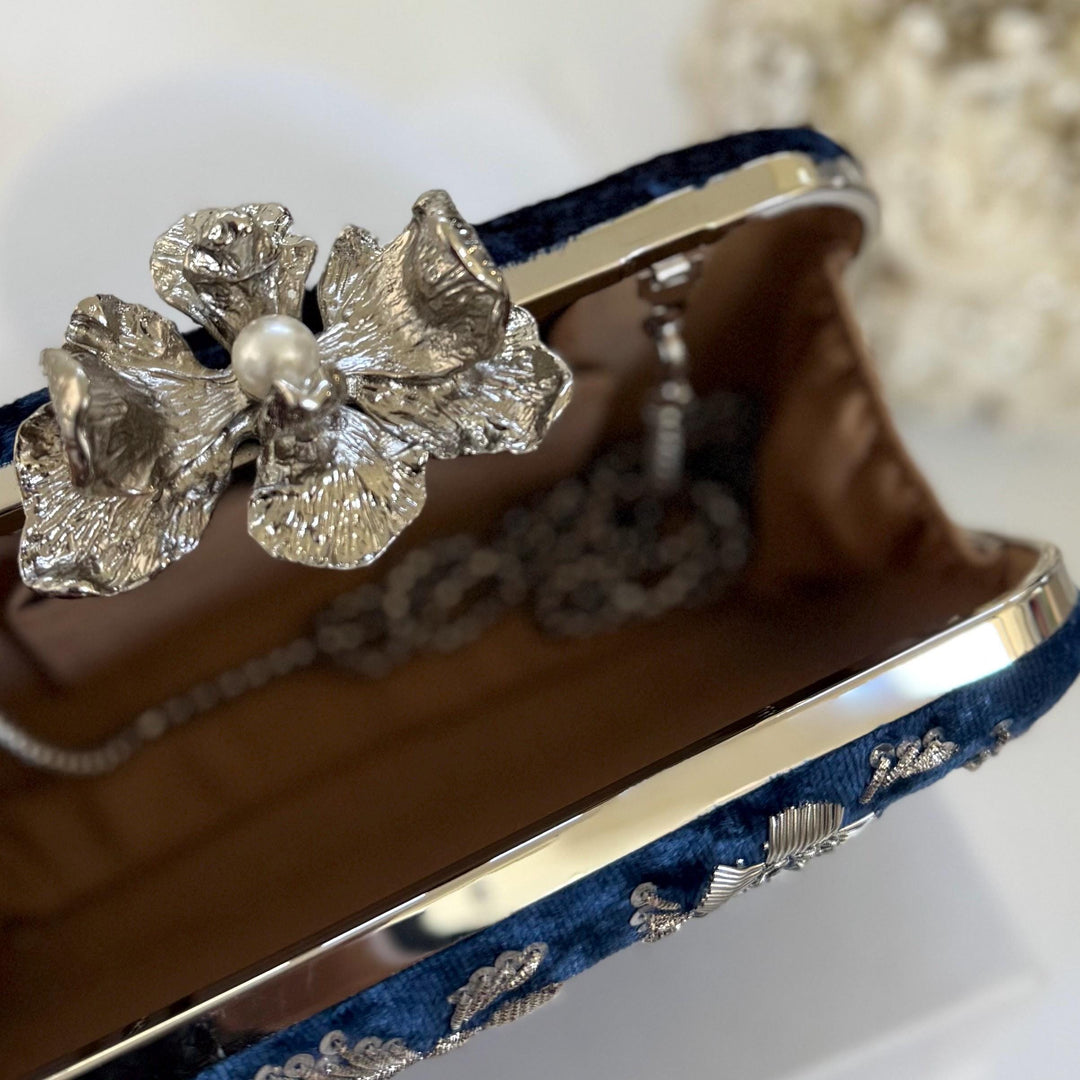 Zardozi Embroidered Royal Blue Clutch: Handmade Indian Wedding Bag With Silver Embroidery