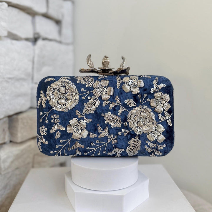 Zardozi Embroidered Royal Blue Clutch: Handmade Indian Wedding Bag With Silver Embroidery