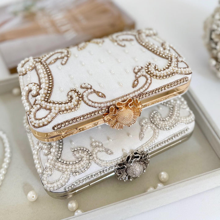 Ivory Beaded Bridal Clutch: Raw Silk Wedding Evening Bag With Silver Embroidery