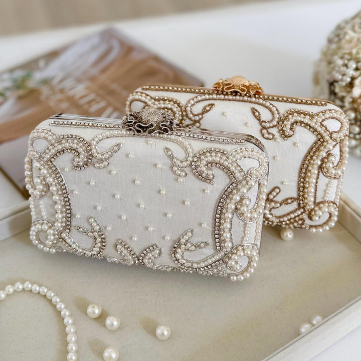 Ivory Beaded Bridal Clutch: Raw Silk Wedding Evening Bag With Silver Embroidery