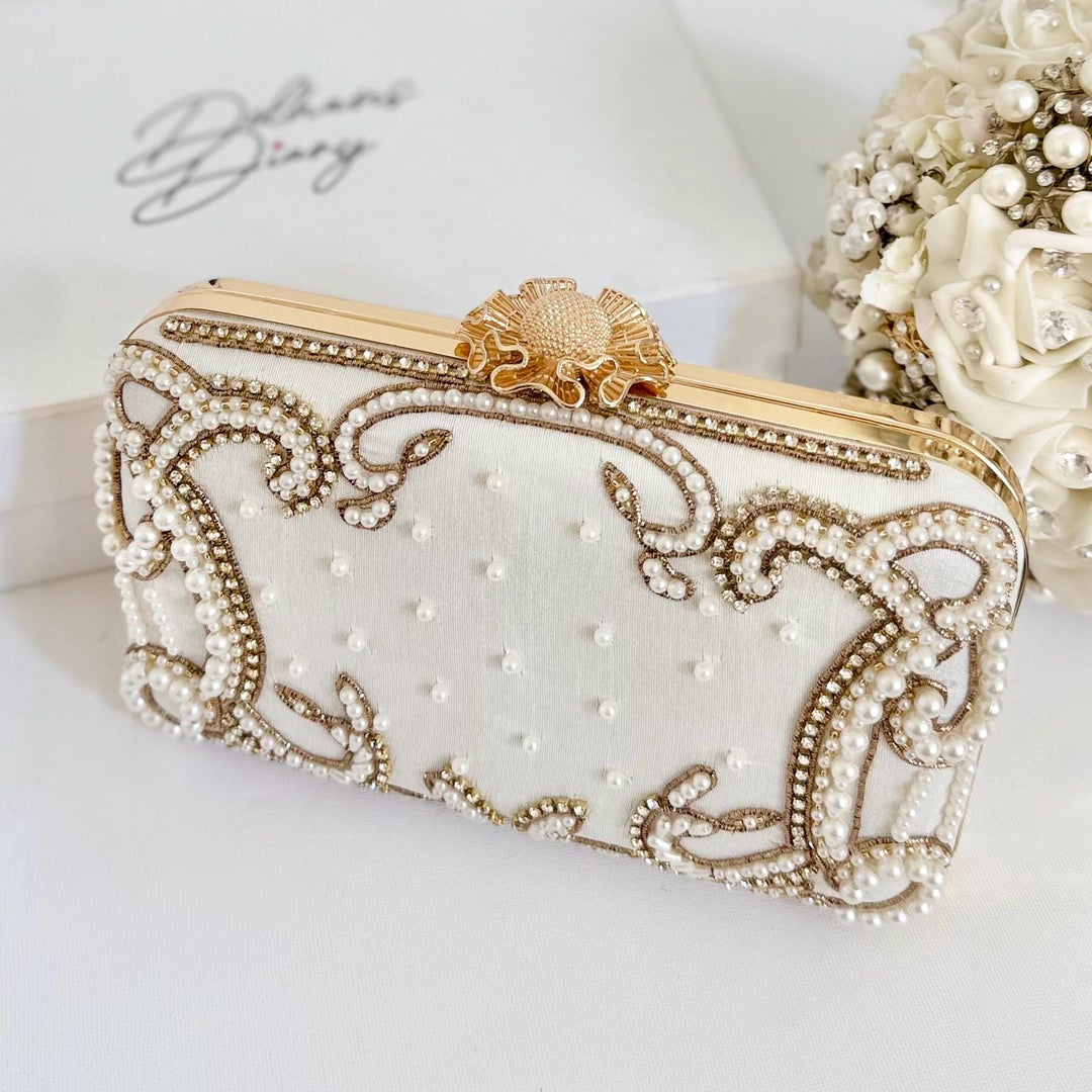 Ivory Beaded Bridal Clutch: Raw Silk Wedding Evening Bag With Gold Embroidery