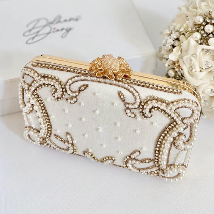 Ivory Beaded Bridal Clutch: Raw Silk Wedding Evening Bag With Gold Embroidery