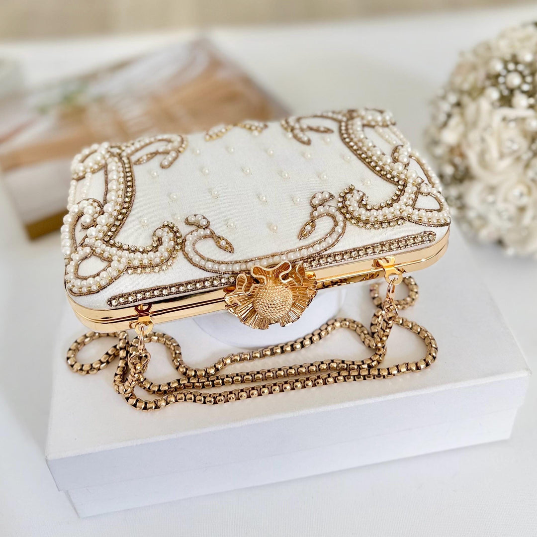 Ivory Beaded Bridal Clutch: Raw Silk Wedding Evening Bag With Gold Embroidery