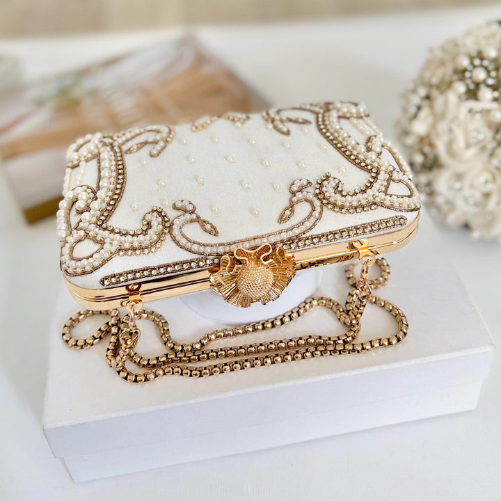 Ivory Beaded Bridal Clutch: Raw Silk Wedding Evening Bag With Gold Embroidery