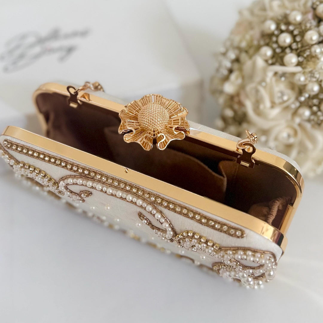 Ivory Beaded Bridal Clutch: Raw Silk Wedding Evening Bag With Gold Embroidery