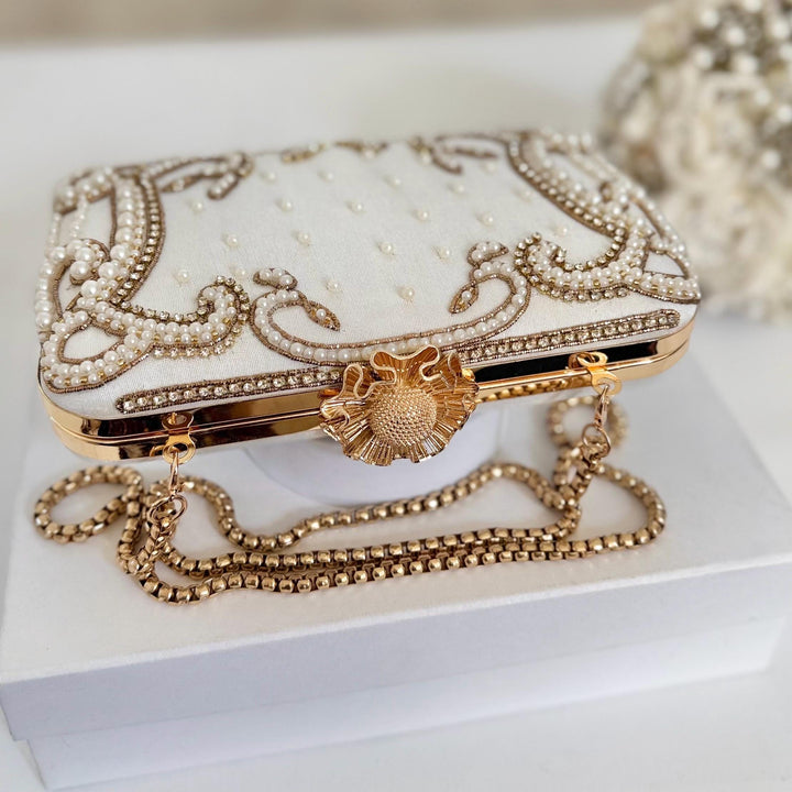 Ivory Beaded Bridal Clutch: Raw Silk Wedding Evening Bag With Gold Embroidery