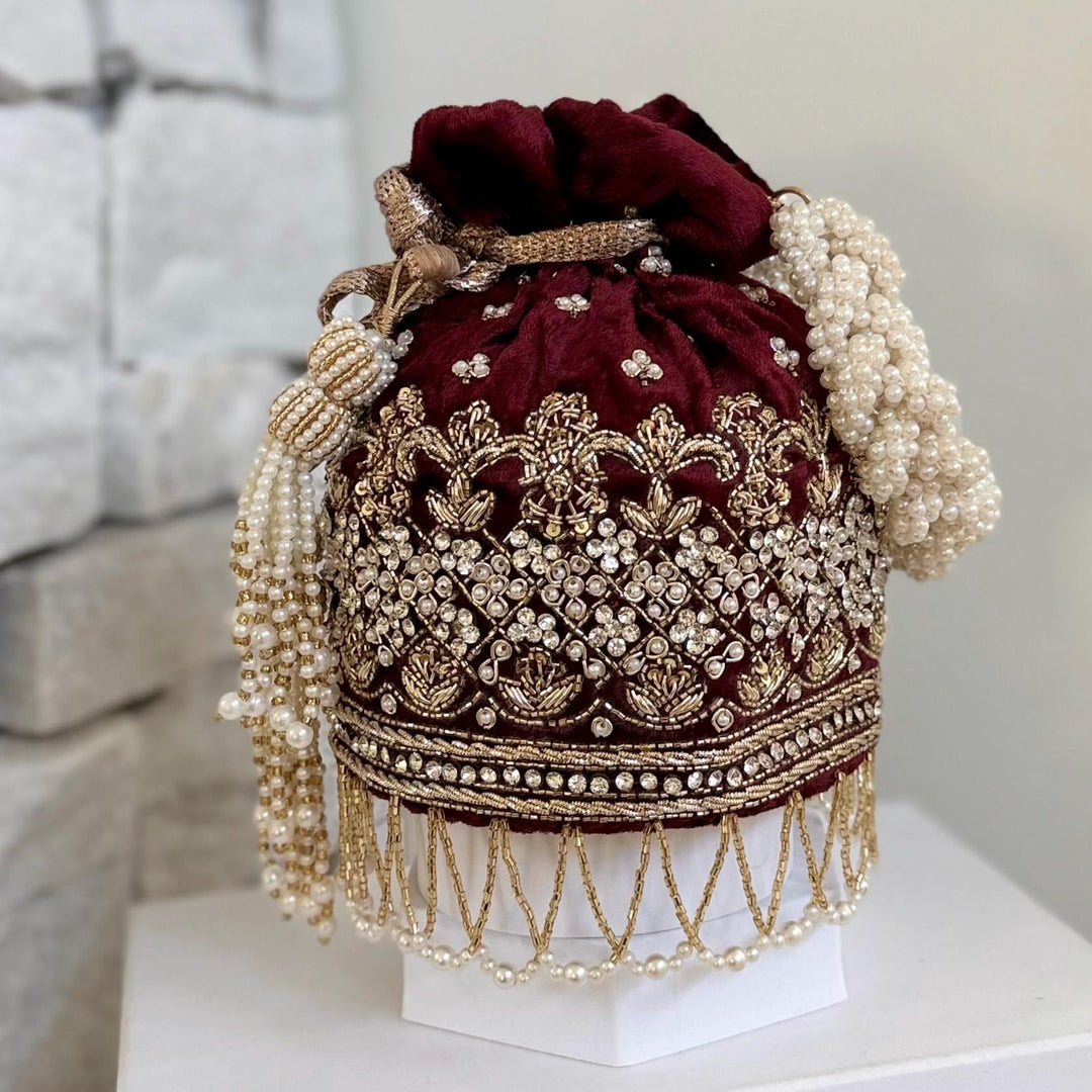 Deep Red Maroon Velvet Bridal Potli Bag: Indian Wedding Handbag