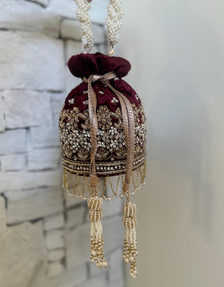 Deep Red Maroon Velvet Bridal Potli Bag: Indian Wedding Handbag