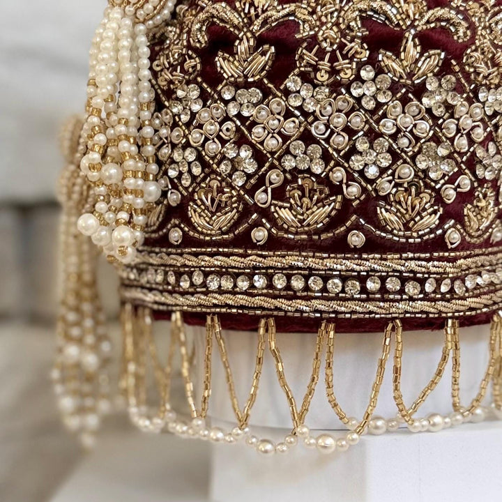 Deep Red Maroon Velvet Bridal Potli Bag: Indian Wedding Handbag
