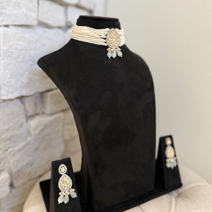 Victorian Kundan Choker Set: Gray, Silver & Gold Indian Necklace