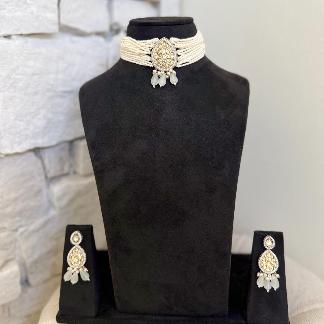 Victorian Kundan Choker Set: Gray, Silver & Gold Indian Necklace