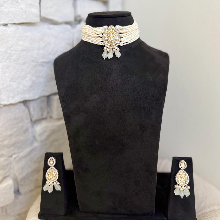 Victorian Kundan Choker Set: Gray, Silver & Gold Indian Necklace