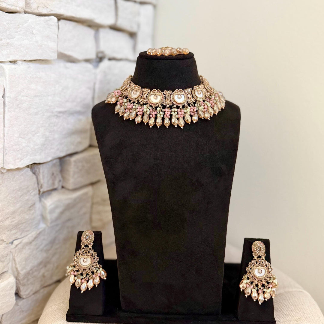 Multicolor Mother of Pearl Indian Bridal Jewelry Set: Necklace, Earrings and Maang Tikka
