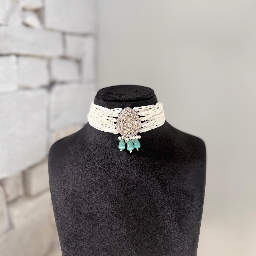 Victorian Kundan Choker Set: Blue, Silver & Gold Indian Jewelry