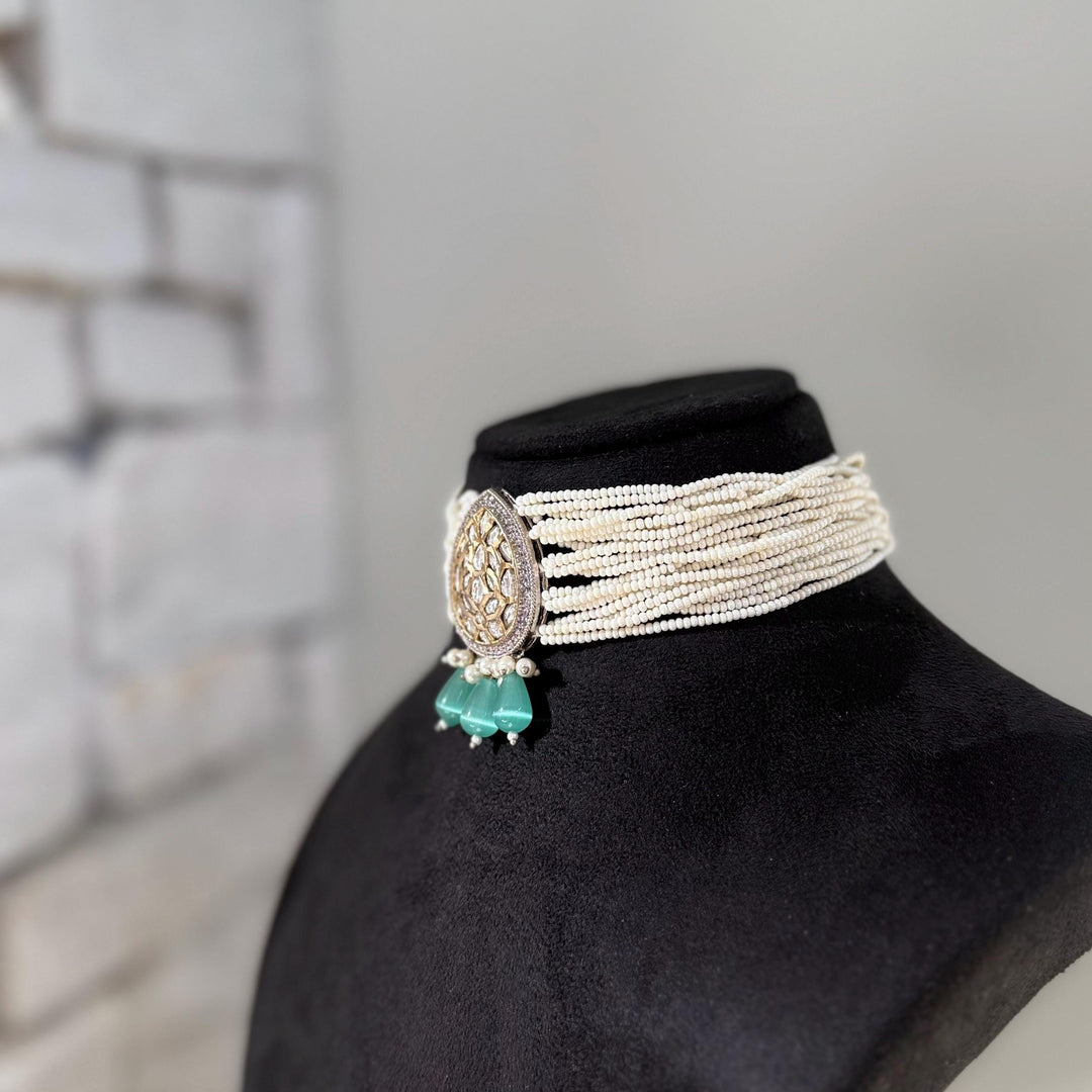 Victorian Kundan Choker Set: Blue, Silver & Gold Indian Jewelry