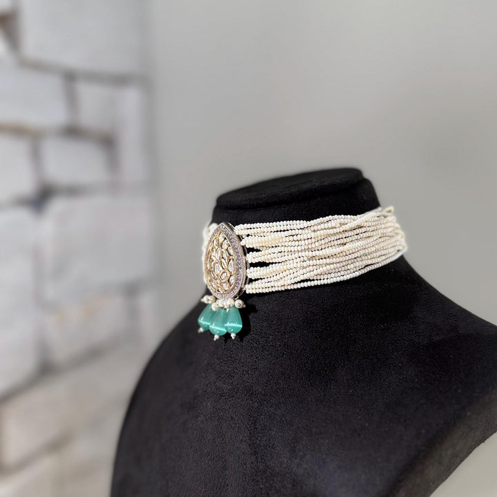 Victorian Kundan Choker Set: Blue, Silver & Gold Indian Jewelry