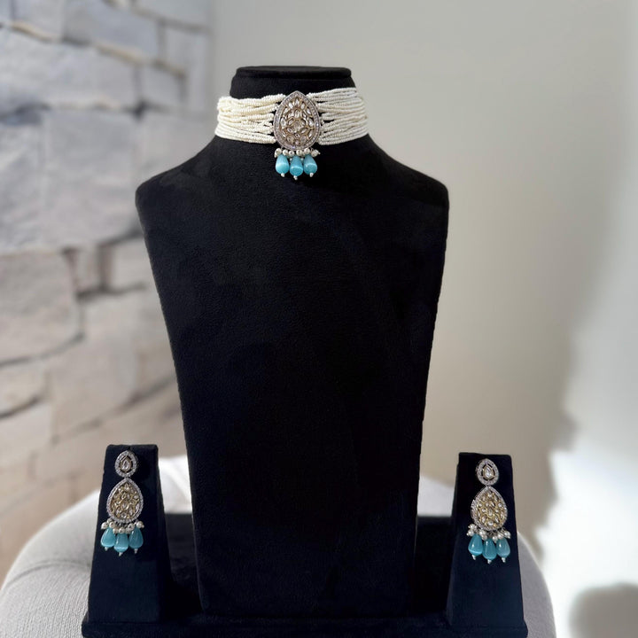 Victorian Kundan Choker Set: Aqua, Silver & Gold Indian Jewelry