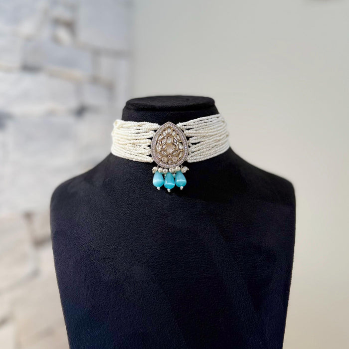 Victorian Kundan Choker Set: Aqua, Silver & Gold Indian Jewelry