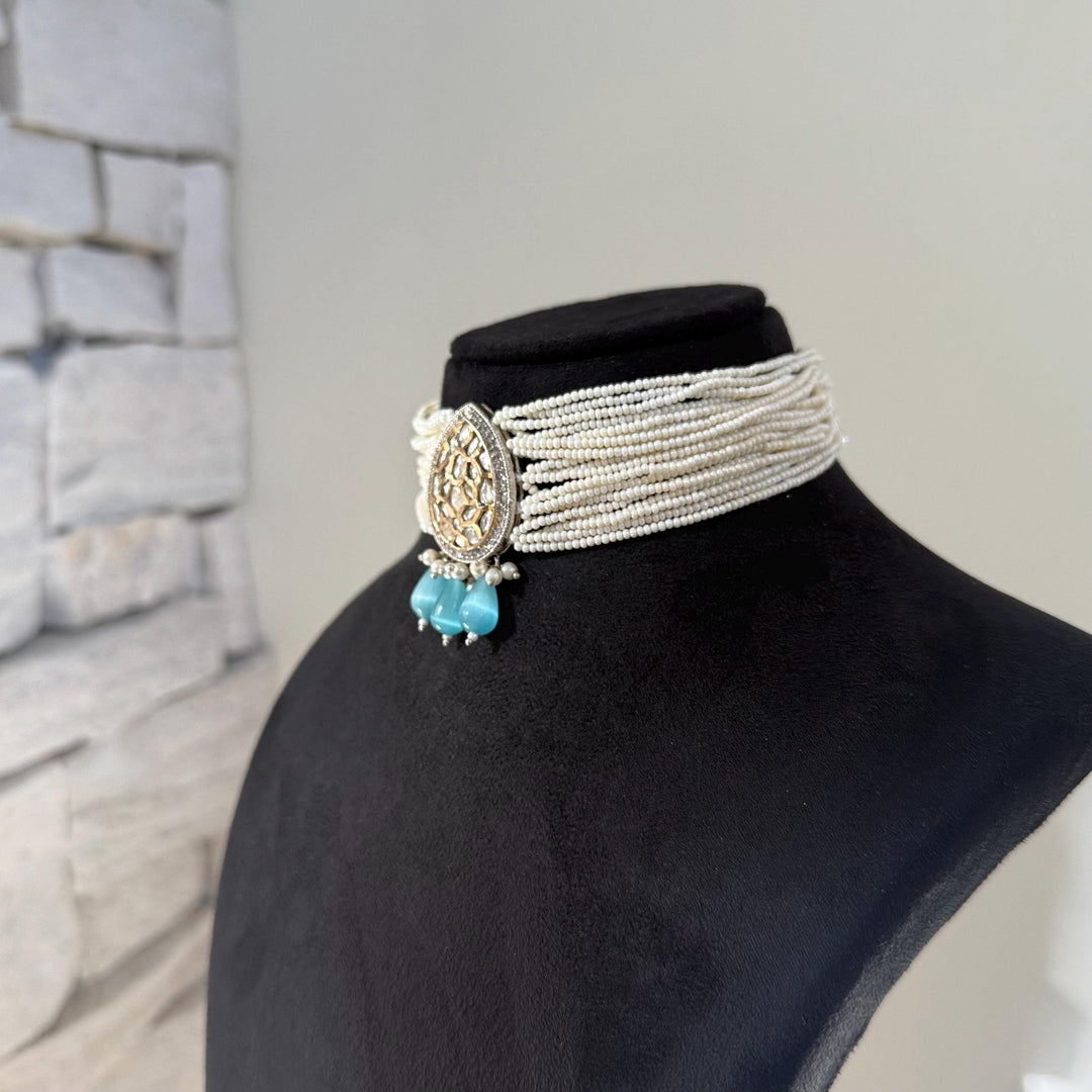 Victorian Kundan Choker Set: Aqua, Silver & Gold Indian Jewelry