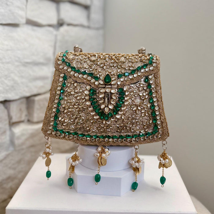 Emerald Green Kundan Brass Clutch: Vintage Style Kundan Handbag