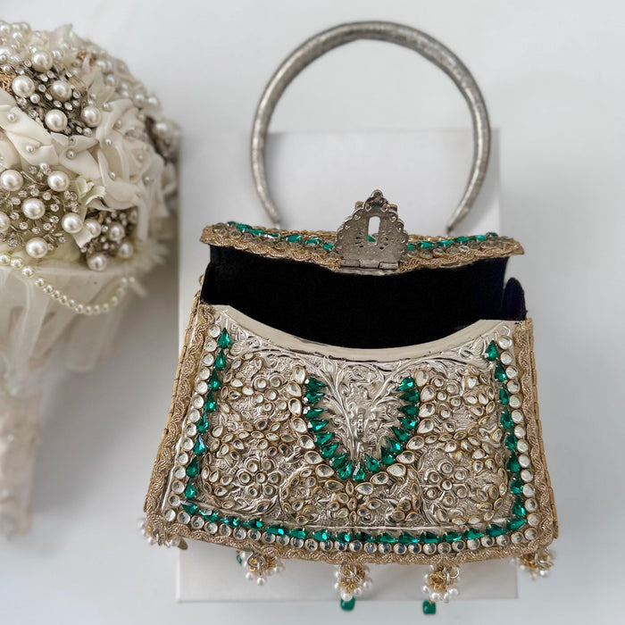Emerald Green Kundan Brass Clutch: Vintage Style Kundan Handbag