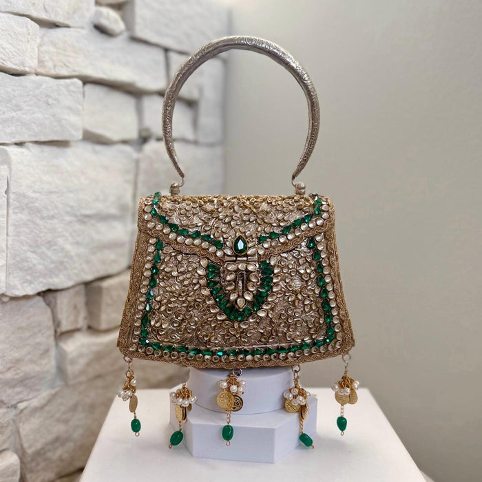 Emerald Green Kundan Brass Clutch: Vintage Style Kundan Handbag