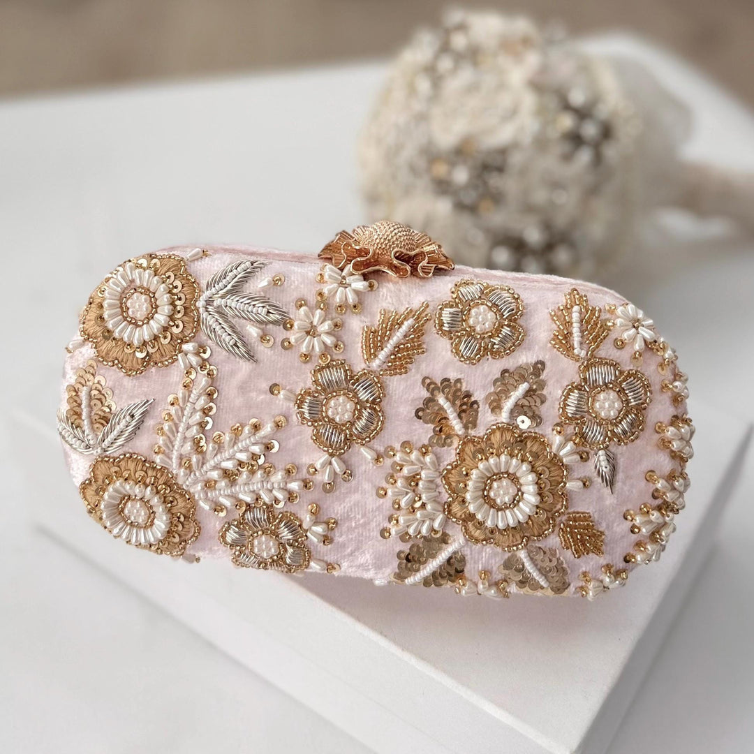 Handmade Pastel Pink Zardozi Clutch: Beaded Evening Bag
