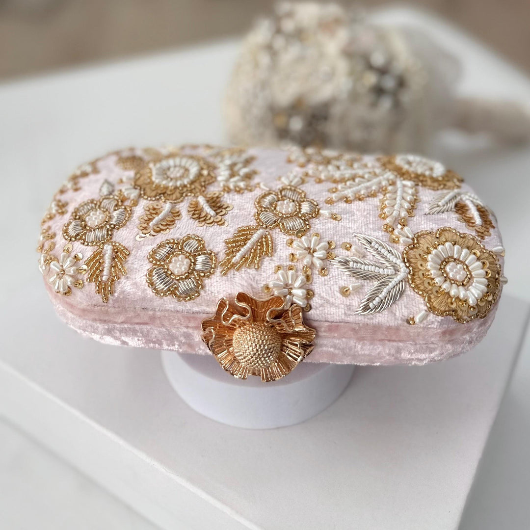 Handmade Pastel Pink Zardozi Clutch: Beaded Evening Bag