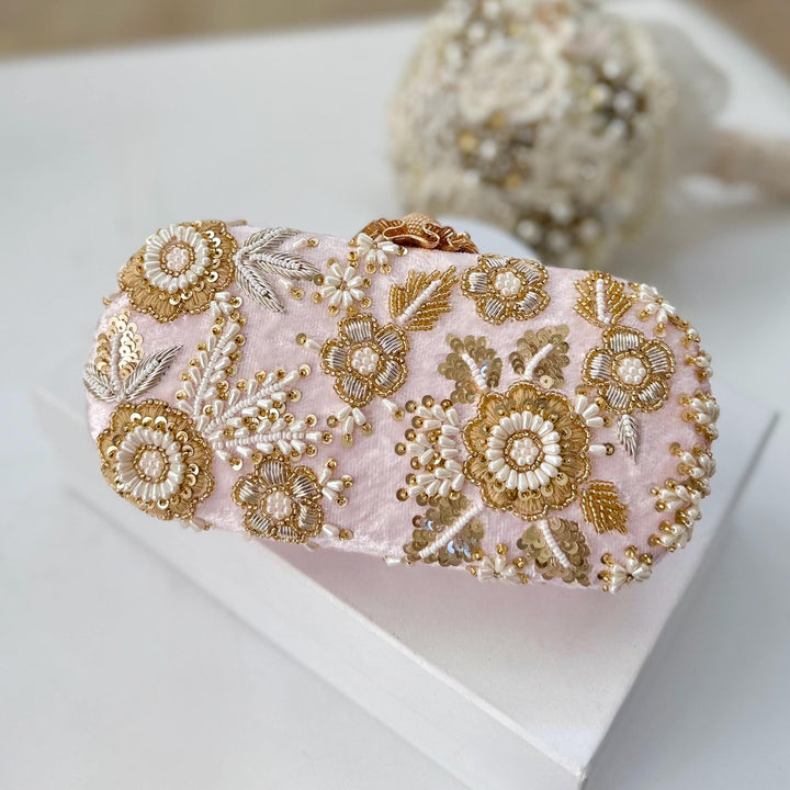 Handmade Pastel Pink Zardozi Clutch: Beaded Evening Bag