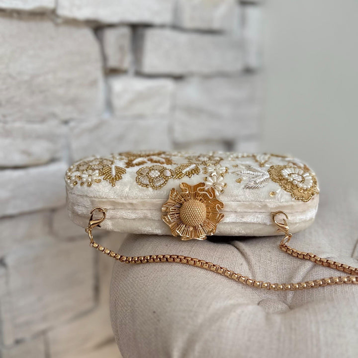 Handmade Ivory Beaded and Zardozi Embroidered Clutch: Ivory Bridal Bag