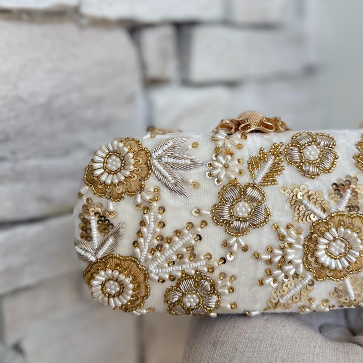 Handmade Ivory Beaded and Zardozi Embroidered Clutch: Ivory Bridal Bag