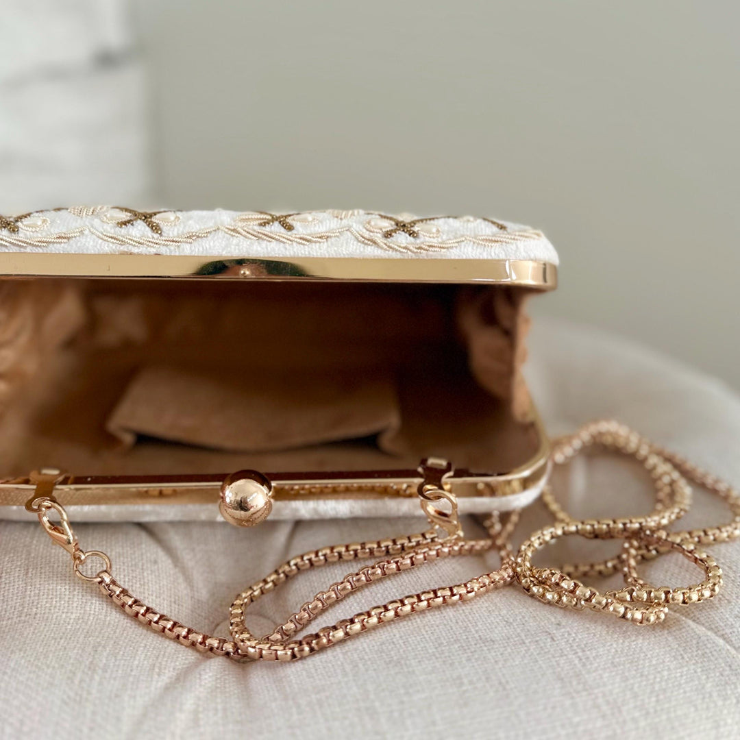 Ivory Beaded Bridal Clutch: Wedding Evening Bag With Gold Embroidery