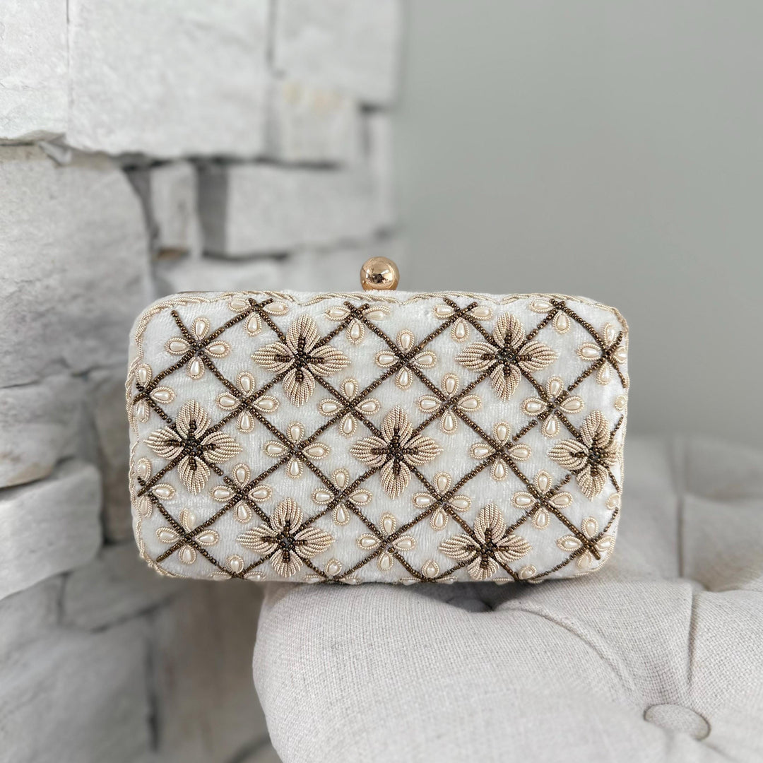 Ivory Beaded Bridal Clutch: Wedding Evening Bag With Gold Embroidery