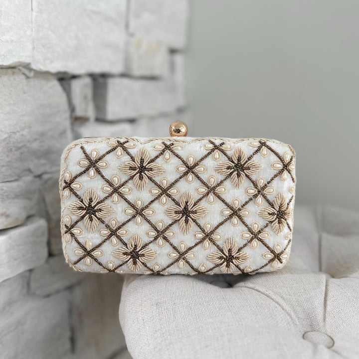 Ivory Beaded Bridal Clutch: Wedding Evening Bag With Gold Embroidery