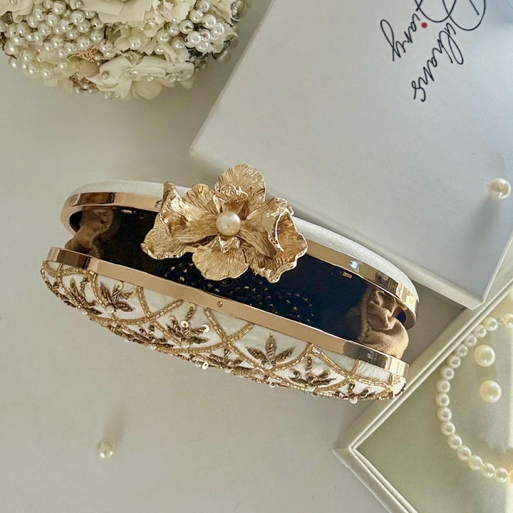 Ivory Bridal Clutch: Raw Silk Zardosi and Beaded Evening Bag with Pearl Flower Knob