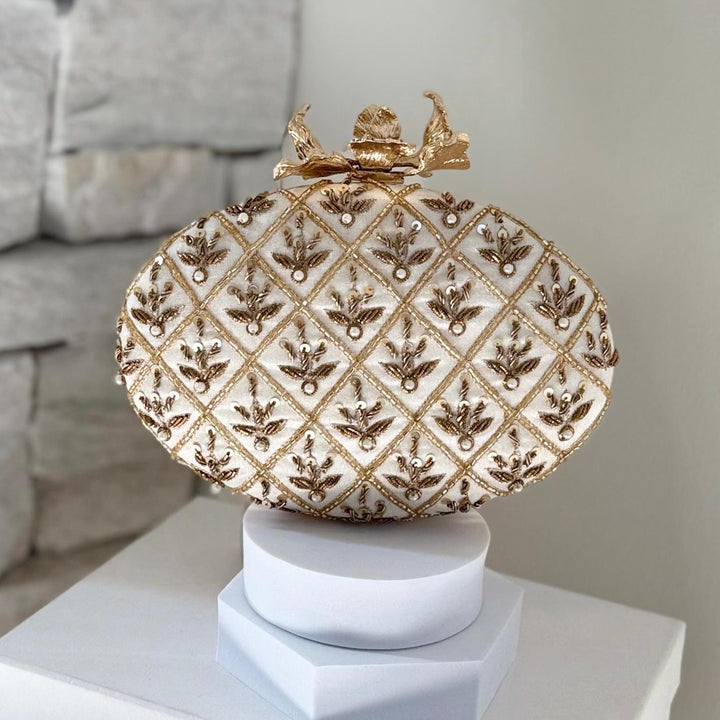 Ivory Bridal Clutch: Raw Silk Zardosi and Beaded Evening Bag with Pearl Flower Knob