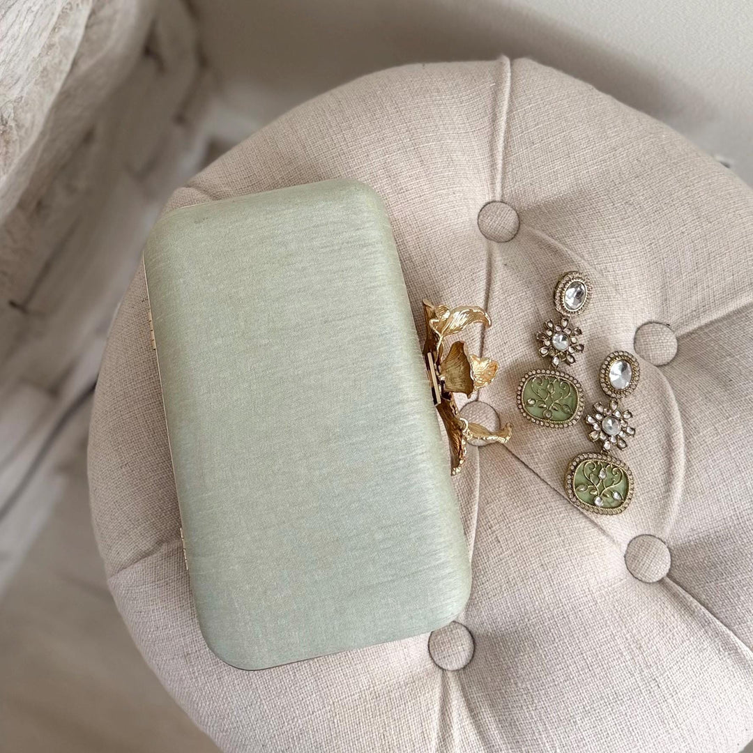 Sage Green Clutch: Handmade Zardozi Embroidered Box Clutch