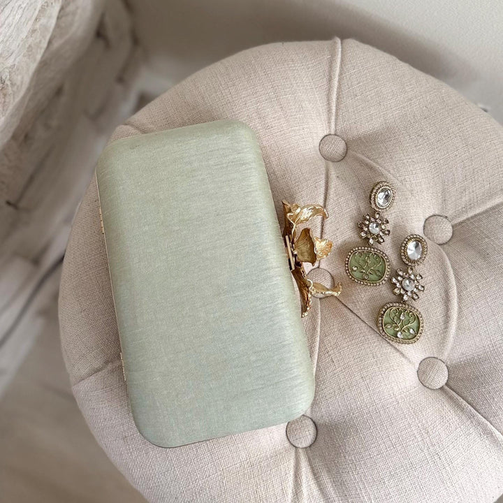 Sage Green Clutch: Handmade Zardozi Embroidered Box Clutch