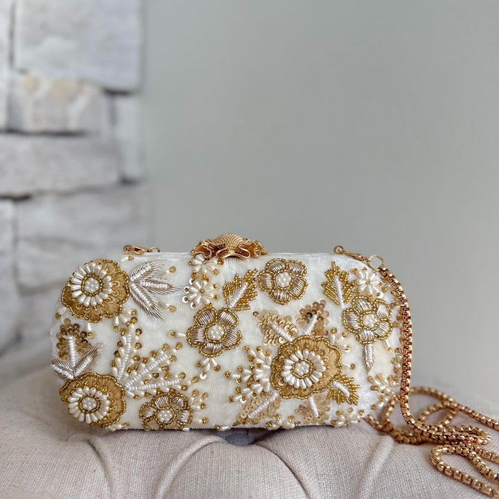 Handmade Ivory Beaded and Zardozi Embroidered Clutch: Ivory Bridal Bag