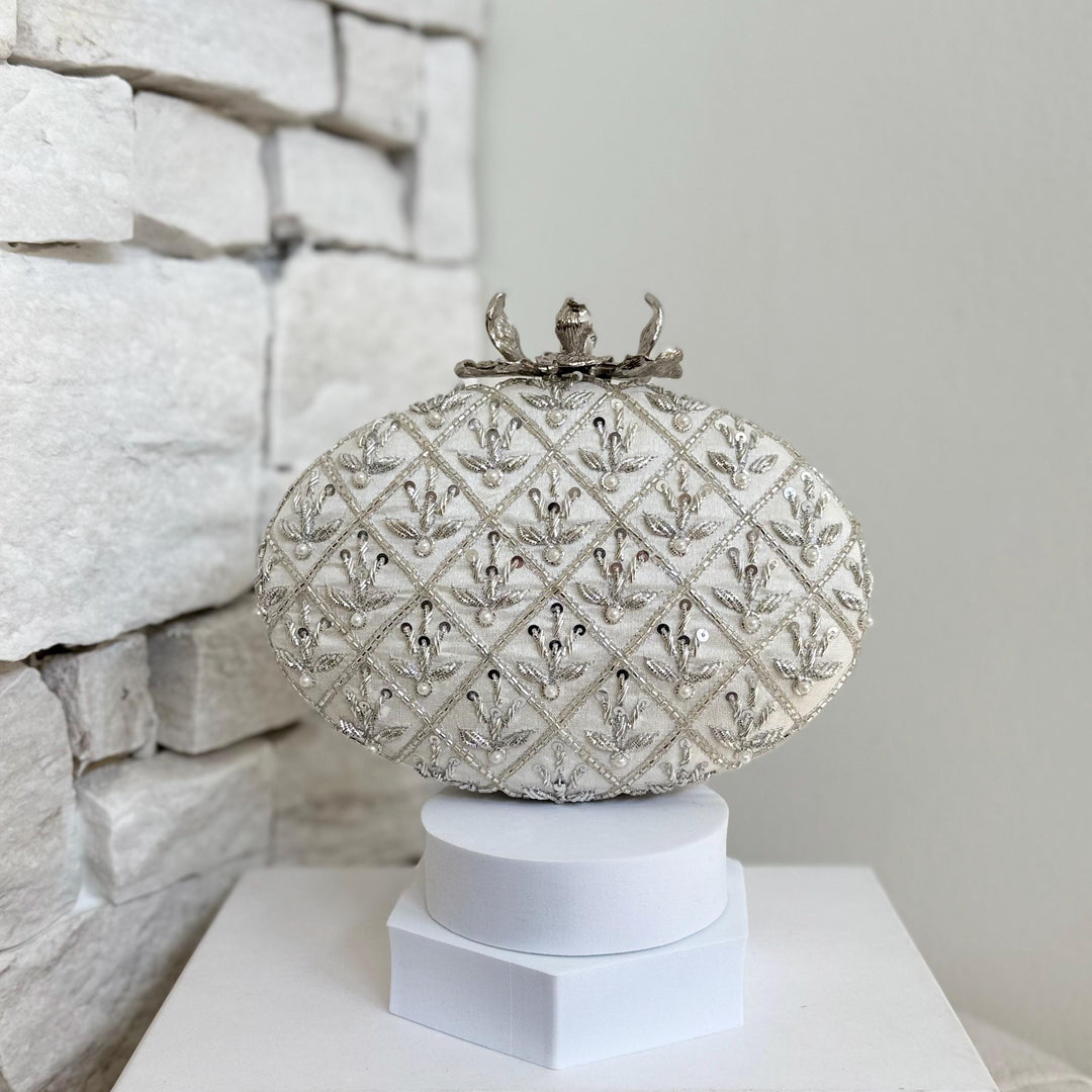 Ivory Raw Silk Bridal Clutch: Zardosi Embroidery, Pearl Flower Knob