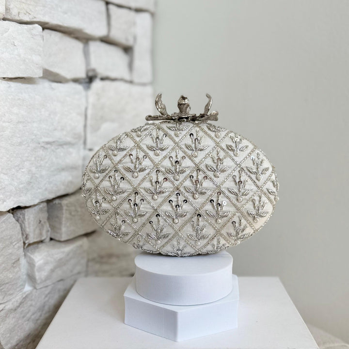 Ivory Raw Silk Bridal Clutch: Zardosi Embroidery, Pearl Flower Knob