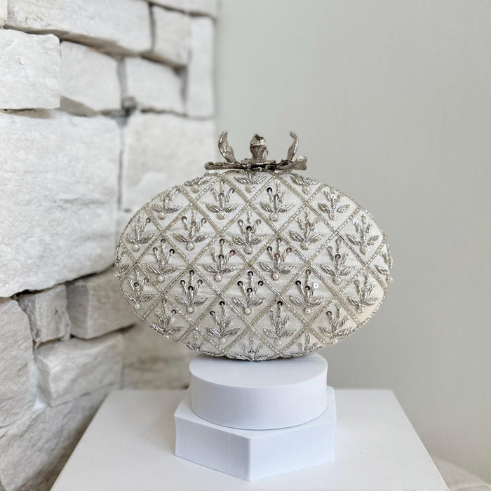 Ivory Raw Silk Bridal Clutch: Zardosi Embroidery, Pearl Flower Knob
