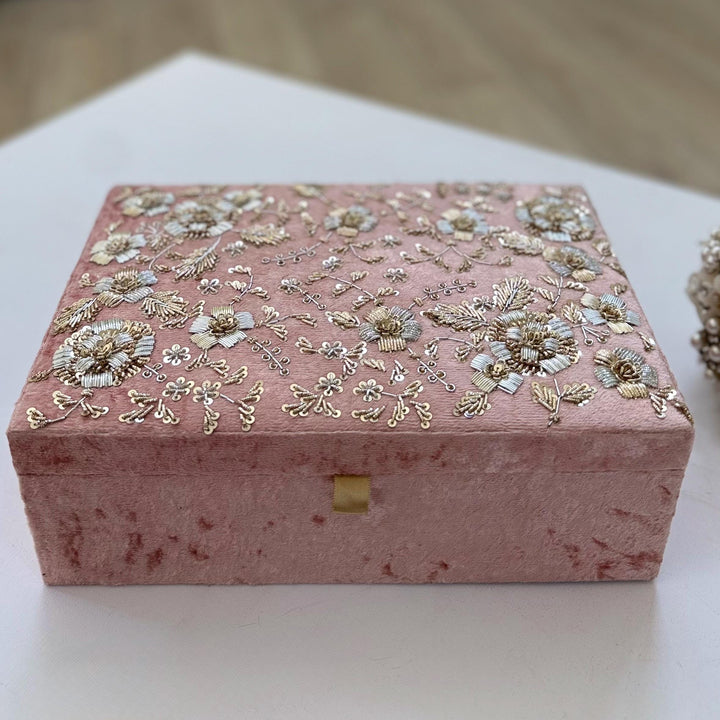 Handmade Pink Velvet Trousseau Box: Bridal Keepsake with Zardozi Embroidery