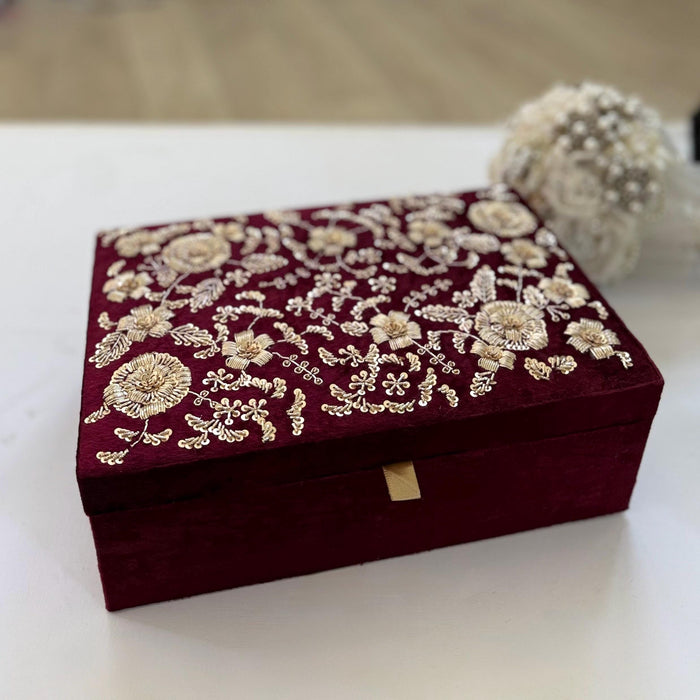Maroon Zardozi Work Floral Trousseau Box