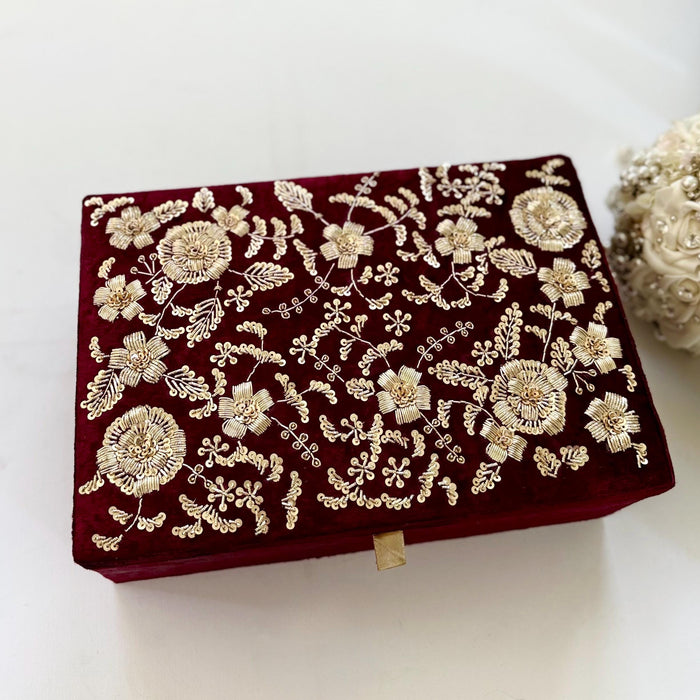 Maroon Zardozi Work Floral Trousseau Box