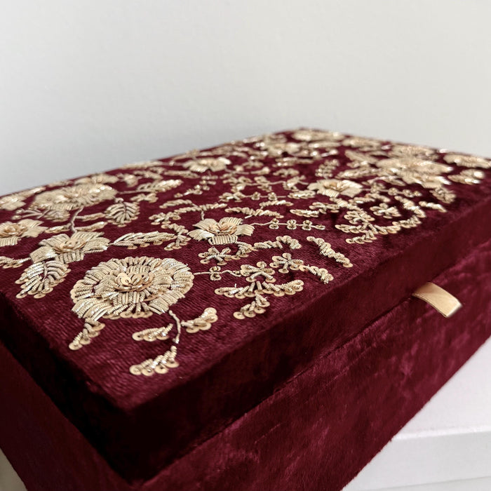 Maroon Zardozi Work Floral Trousseau Box